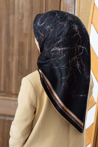 Vissona %100 Twill İpek Mermer Desenli Siyah Renkli 90x90 Eşarp Dikim Şekli :...