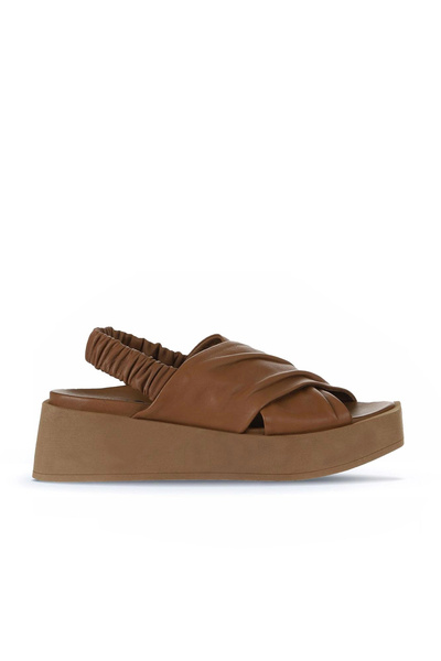 Bueno Shoes بني جلد نسائي حذاء بكعب إسفيني قطعة صندل 01wy5901