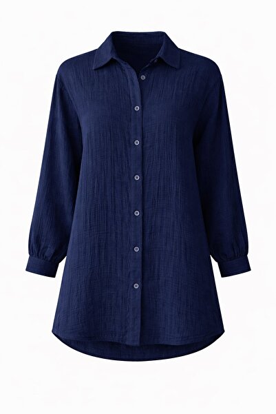 Olcay Low Sleeve Muslin Casual Shirt Dark Blue 9329
