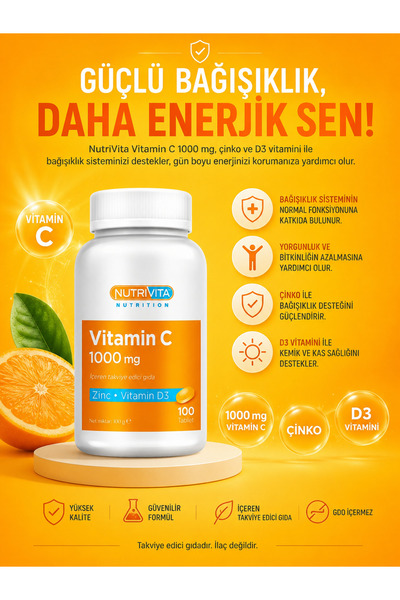 Nutrivita Nutrition Vitamin C 1000 mg (Çinko+D Vitamini) 100 Tablet