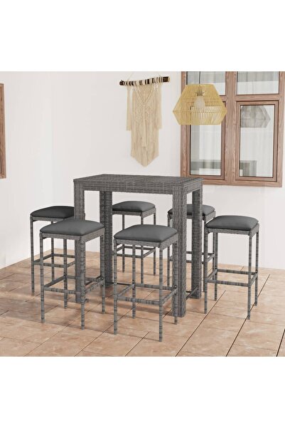 Concept Set mobilier bar de grădină cu perne, 7 piese, gri, poliratan