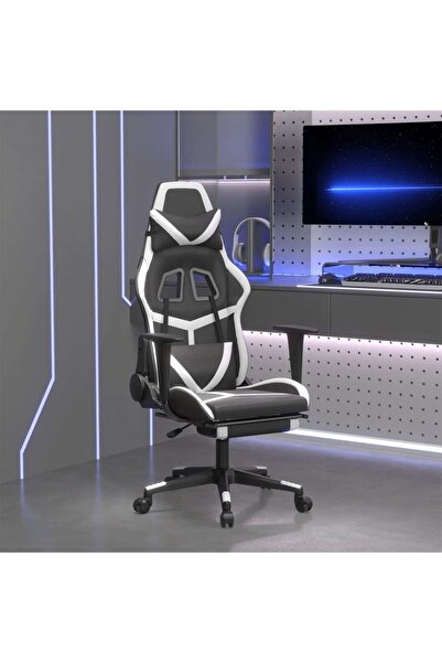 Concept Scaun de gaming cu suport picioare, negru/alb, piele ecologică