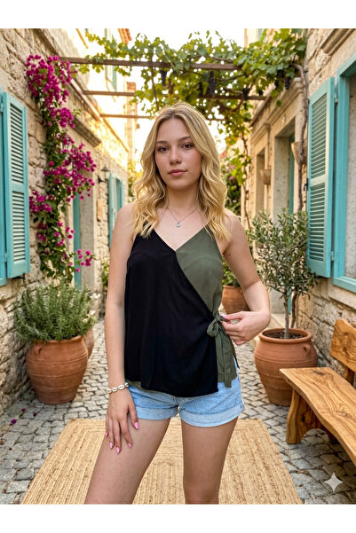 Bohemian Kadın Haki Kruvaze Askılı Bluz