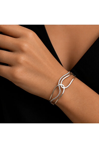 stainles steel Minimal Zirkon Taşlı Kelepçe Model Çelik Bileklik