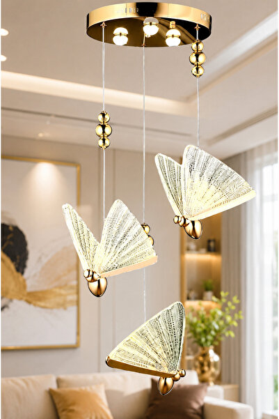 burenze Butterfly Avize Üçlü Sarkıt Led Avize Rose Gold Sarı Harika Görsel Gün Işığı