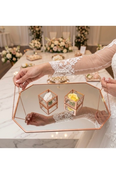 GÜVEN Geometrik Zincir Saplı Aynalı Söz Nişan Tepsisi Minimal Yüzük Kutulu