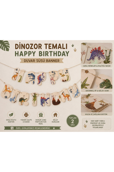 Partifabrik Dinozor Partisi Temalı Duvar Süsü Happy Birthday Banner Yazısı