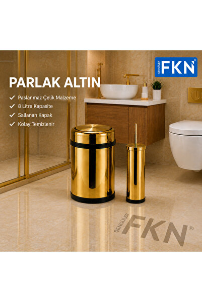 FKN Sallanır Kapaklı Altın Çöp Kovası 8 Litre - Klozet Fırçalı Banyo Seti