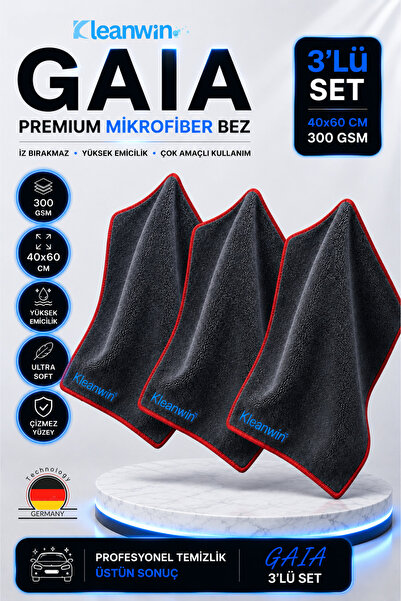 Kleanwin Gaia 3'lü 50x70cm Mikrofiber Kurulama Bezi 300 GSM | Oto Kurulama Ha...