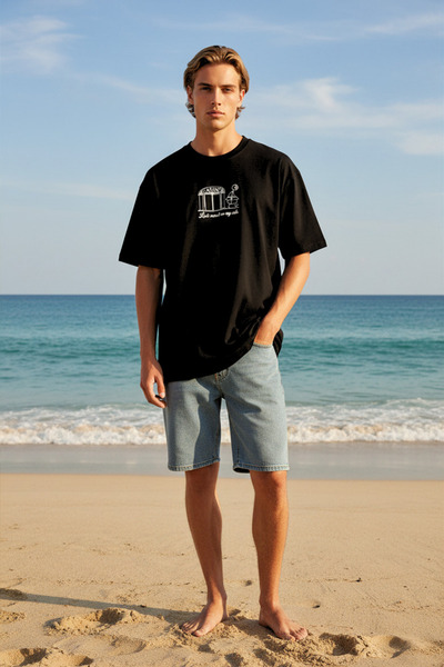 THE RULE Tricou negru unisex cu imprimeu noroc, 100% bumbac, cu croiala largă...