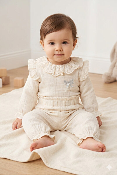 PİETRA BABY KİDS 100% Cotton Muslin Fabric with Bow Detail and Ruffle Detail,...