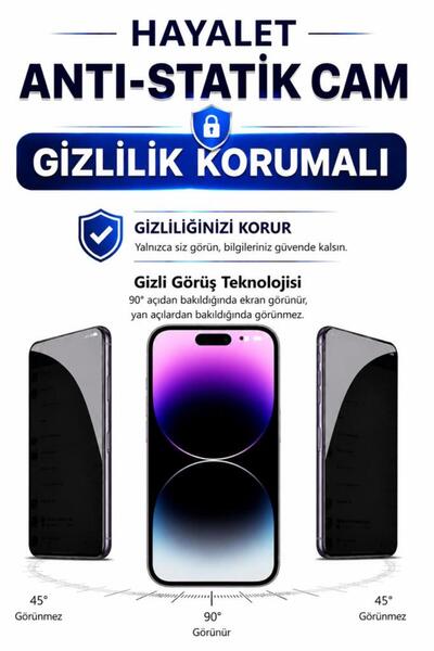 iPhone 14 Pro Max Uyumlu Hayalet Anti-Statik Cam Ekran Koruyucu Gizlilik Korumalı