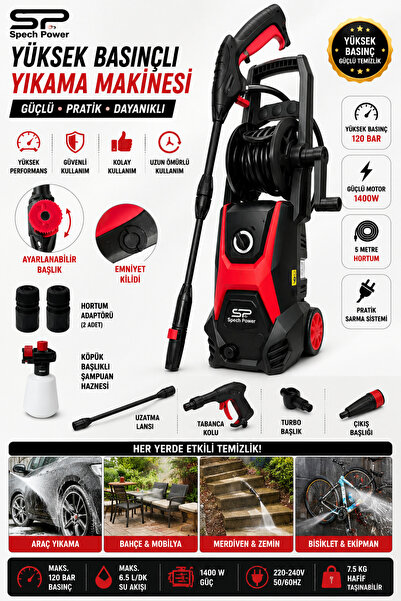 Spech Power 180 Bar Yüksek Basınçlı Araç , Bahçe Yıkama Makinesi Kovadan ve M...