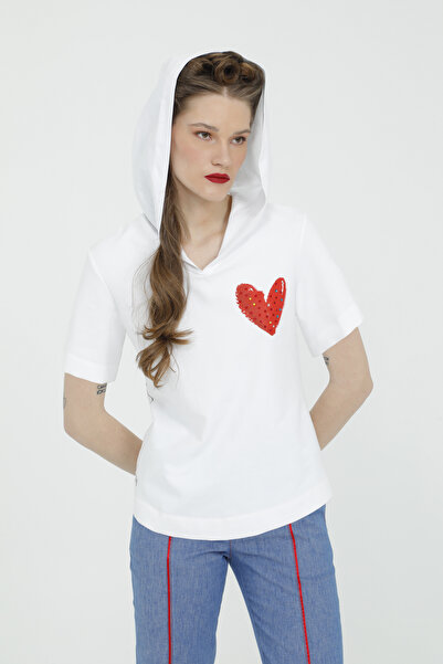 kı.we Taşlı Kalp Baskı Detaylı Kapüşonlu T-shirt