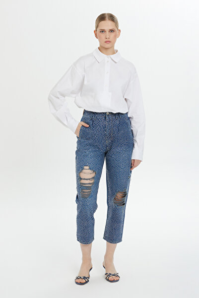 GİZİA Beli Lastikli Eskitme Efektli Jagron Detaylı Mom Jean