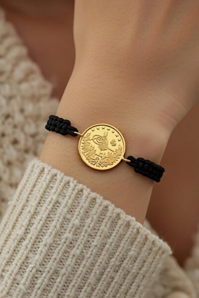 UKBA GOLD 8 Ayar Altın Tuğralı İpli Bileklik (Siyah)