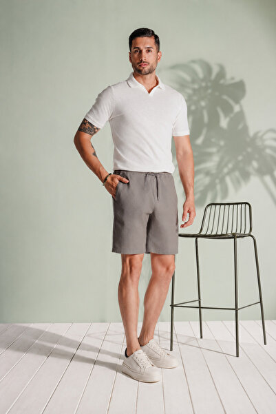 BRACCAS Erkek Yandan Cepli Beli Lastikli Keten Dokulu Relaxed Fit Jogger Şort...