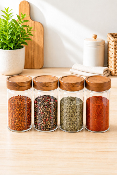 Karçiçeği Home Acacia Borosilicate Glass Spice Jar Set of 4 with Bamboo Stand...