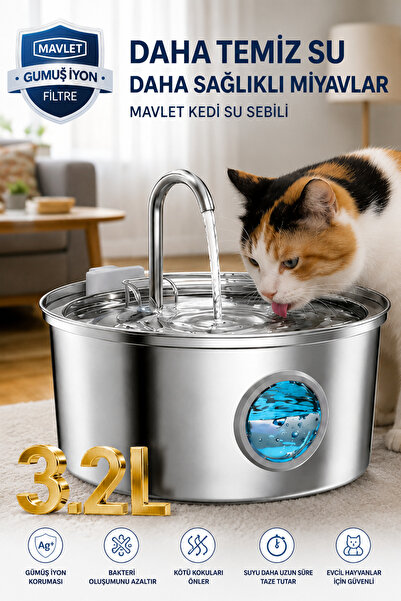 MAVLET 3.2L Paslanmaz Çelik Otomatik Kedi Su Pınarı - 6 Yedek Filtreli (Adapt...