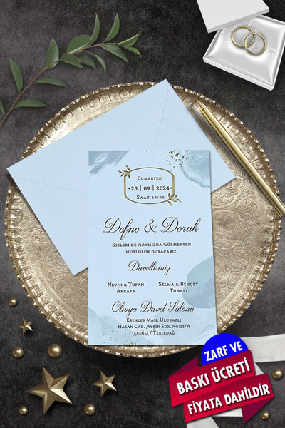 Cem Davetiye Düğün Nişan Nikah Kına Davetiyesi 7096 (100 ADET) Baskı Dahil