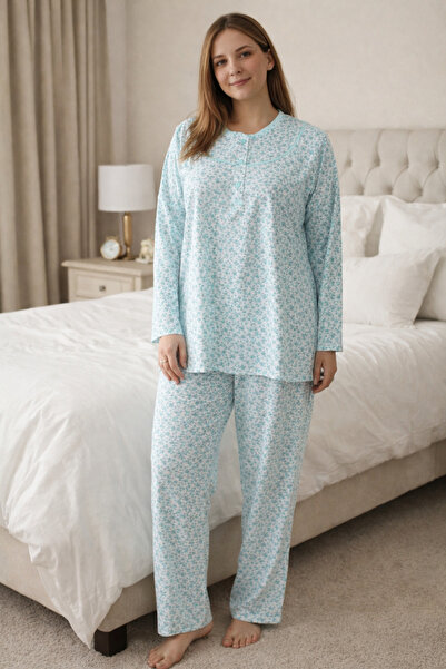 YAŞAR Plus Size Floor-Length Green with Tiny Floral Pattern on Top, Three But...