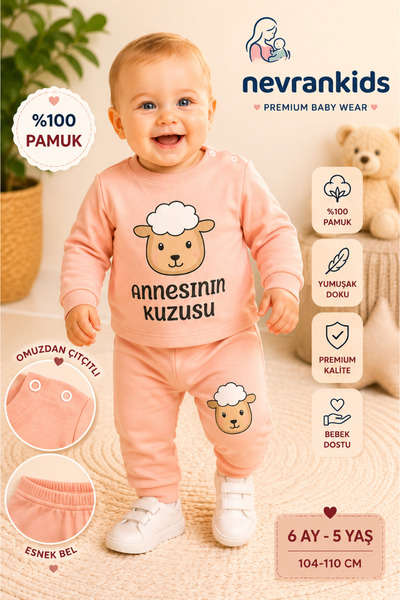 nevrankids Bebek Kuzucuk Baskılı İkili Takım - Annesinin Kuzusu - Pembe