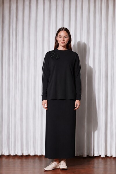 Nurcan Çetin 26441 Sequin Embroidered Shoulder Tunic Skirt Set with Piping De...