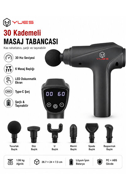 YUES Profesyonel Masaj Tabancası – 30 Hız Kademesi, 6 Başlık, Şarjlı, Sporcu ...
