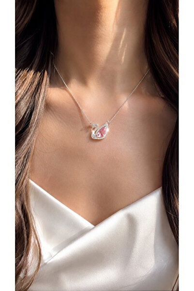 shop IŞIKLI KUTUDA PEMBE TAŞLI GÜMÜŞ KUĞU KOLYE ÇELİK
