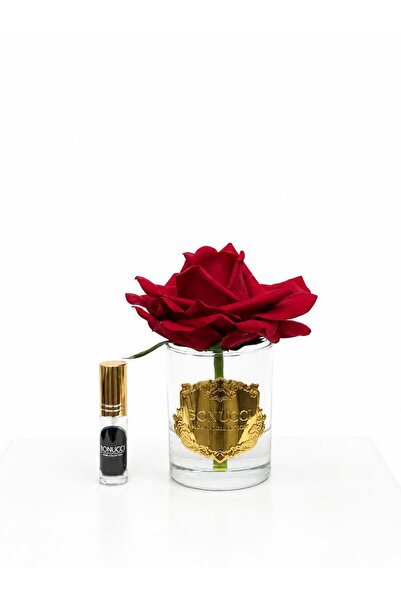 Bonucci Single Rose - Tekli Gold Vazolu Kırmızı Gül Masa Üstü Dekoratif Obje