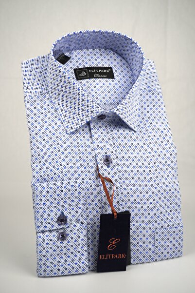 elitpark Square-Dot Patterned Cotton Blue Men's Shirt
