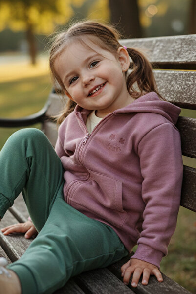 bebegen Girl's Plum Lacquer Written 3 Thread Hooded Cardigan