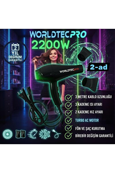 Worldtec Wt-5500Pro 2200 W Turbo Professional Hairdresser Blow Dryer & Hair D...