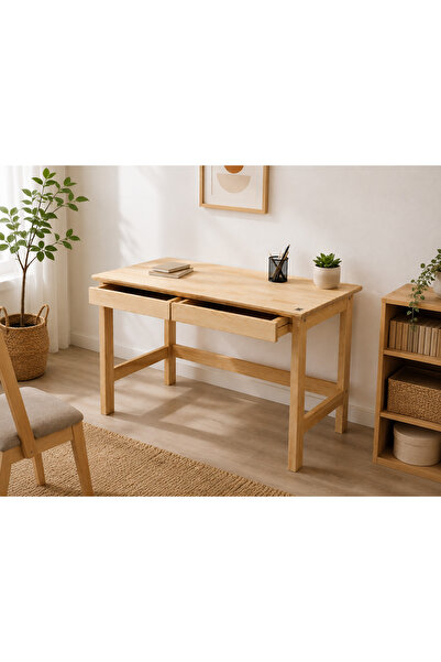 GOOB %100 Masif Çam Ahşap Çalışma Masası 60x115 cm Doğal Çam Çekmeceli Minima...