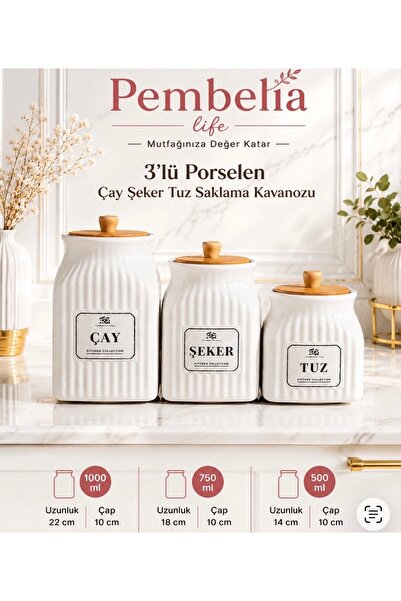 Pembelia Life 3’lu Porselen Çay Şeker Tuz Saklama Kavanozu Bakliyat Kavanoz T...