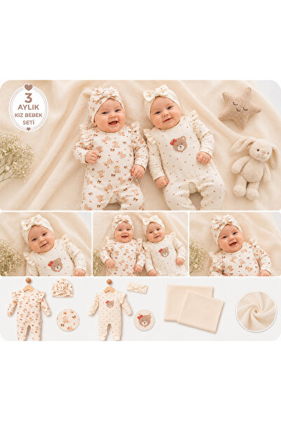 Ozz Baby YENİ DOĞAN KIZ BEBEK 0/3-3/6 AY BRODELİ 2Lİ TULUM SETİ VE MÜSLİN BAT...