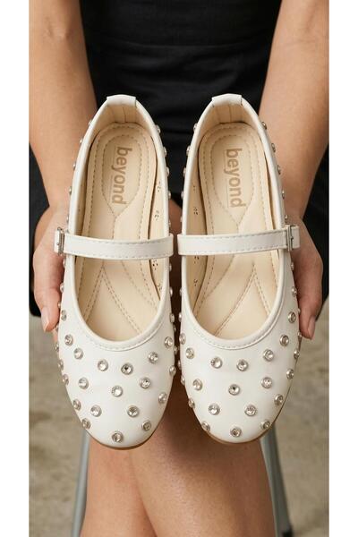Beyond Women's White Disco Stone Buckle Leather Ballerinas 1cm Byndsk400