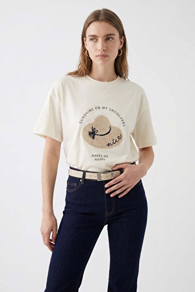 Lencie Tricou cu imprimeu și broderie, Ecru