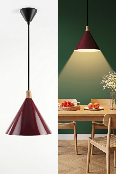 Marrien Cone Bohem Ahşap Bordo Metal Sarkıt (25 cm) Yemek Masası Üstü Avize M...