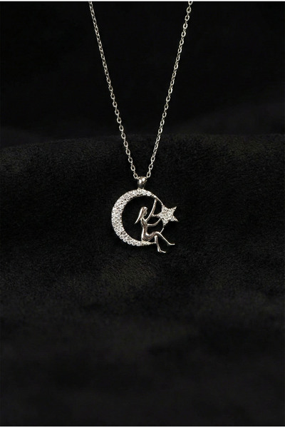 Roza Silver 925 Ayar Zirkon Taşlı Rodyum Kız Figürlü Ay Yıldız Gümüş Kolye