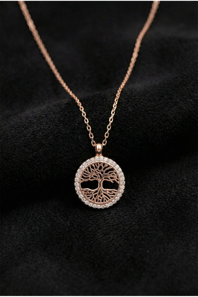 Roza Silver 925 Ayar Zirkon Taşlı Rose Yaşam Ağacı Gümüş Kolye