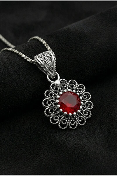 Roza Silver 925 Ayar Ocak Lal Doğum Taşı Çiçek Motifli Telkari Gümüş Kolye