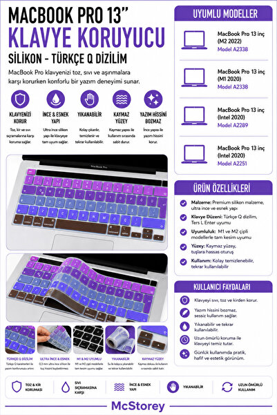 Mcstorey Macbook Pro Kılıf Klavye Koruyucu 13inç M1 M2 Türkçe Q Baskı A2289 A...