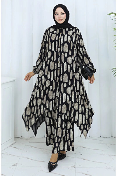 sefamerve Viskon Kumaş Tunik Pantolon İkili Takım 2138-04 Siyah Bej