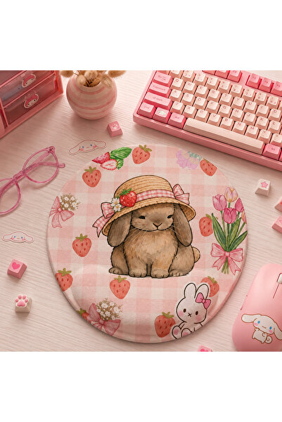 matizya Çilek Temalı Sevimli Tavşan Bilek Destekli Mousepad – Cute Pastel Kaw...