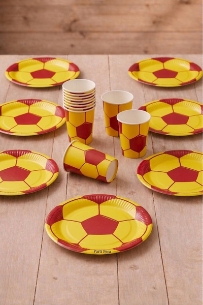parti pera Sarı Kırmızı Futbol Topu Desenli Karton Tabak Bardak 8'li