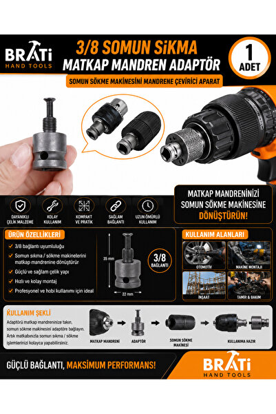 BRATİ HAND TOOLS 3/8 Somun Sıkma Matkap Mandren Adaptör Somun Sökme Makinesin...