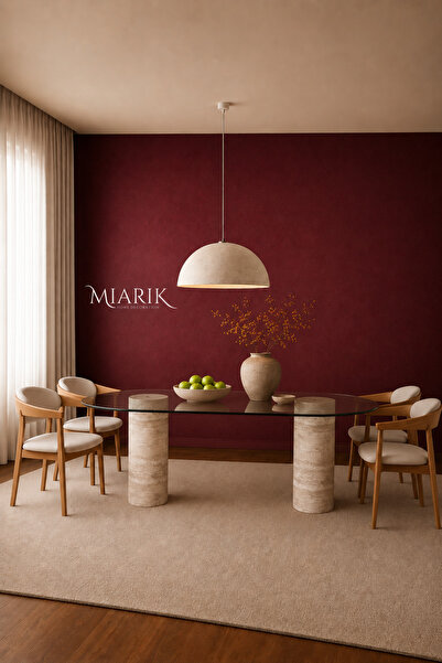 MIARIK DESIGN Traverten Uzun Sutun ayak Cam Tablali Yemek Masası