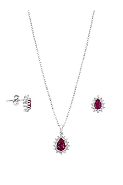 oya silver Minimal Beyaz Işıltı Çevrili Yakut Taşlı Damla Kadın Kolye Küpe Gü...