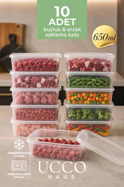 UCCO 650 ml Buzluk Mikrodalga Saklama Kabı Seti 10 ADET Organizer Tabak